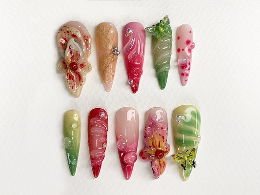 Secret Garden Long Almond Flowers Press On Nails | Dreamy Fairy Tale Inspired Fake Nails | Handmade Floral Nail Art | Gift for Her | JC435AV