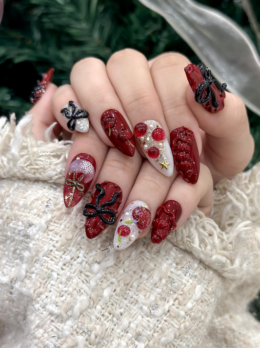 Glossy Cherry Bow Christmas Press On Nails | Red Jelly 3D Ribbon Nails | White Sparkle Holiday Set | Luxury Festive Press Ons | DC929EC