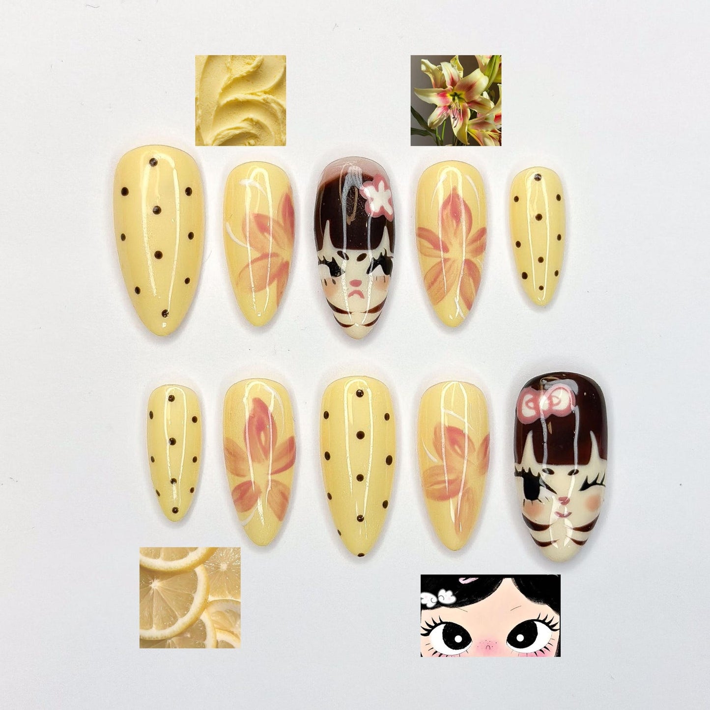 Polka Dot Butter Yellow Nails | Hand-Painted Vintage Anime Press Ons | Luxury 3D Floral Custom Trending 2026 Almond Art | OB389IG