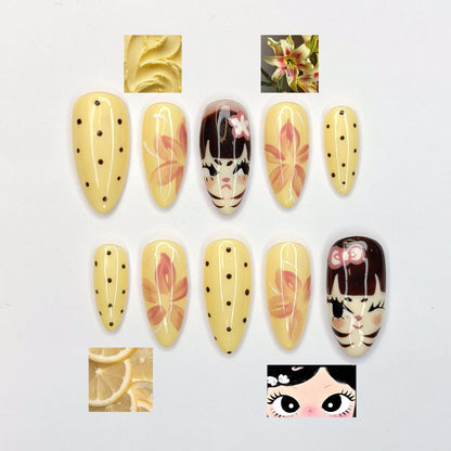 Polka Dot Butter Yellow Nails | Hand-Painted Vintage Anime Press Ons | Luxury 3D Floral Custom Trending 2026 Almond Art | OB389IG