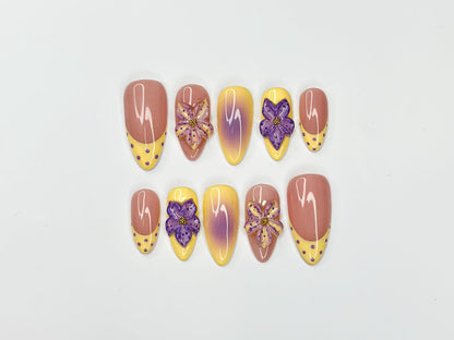 Pastel Sunset Bloom Press On Nails | 3D Purple Flower Nails | Yellow Ombre Nails | Soft Floral Nail Art | Elegant Almond Nails | OB848NC