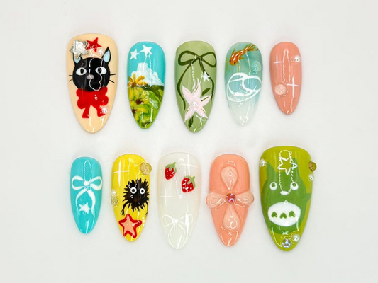 Studio Ghibli-Inspired Nail Art | Totoro and Kiki Nail Art | Kawaii Anime 3D Design | Whimsical Anime & Nature Nail Art | JB543HK