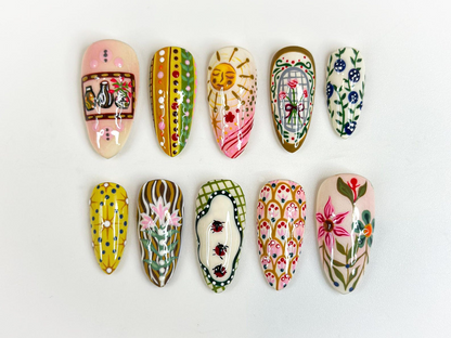 Hand Painted Vintage Floral Fake Nails | European Folk Art Nail Design | Soft Pastel Art Nails | Storybook Style Press Ons| JB304H
