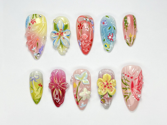Spring Garden Bloom Press On Nails | Colorful Floral 3D Nail Art | Soft Pastel Press Ons | Handmade Elegant Set for Spring & Summer|JB751HK