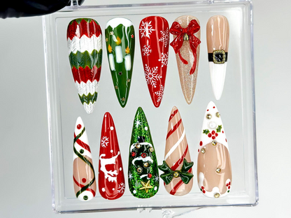 Cozy Knit Christmas Press On Nails | Red Green Holiday Nail Art |Festive Tree & Ribbon Design| Candy Cane And Snowflake Design | HB1195EK