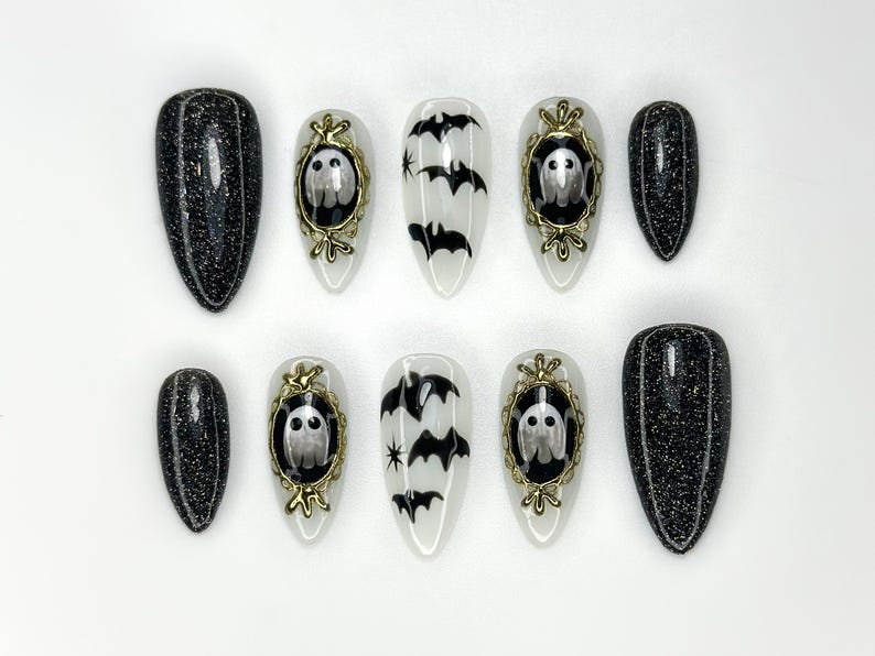 Haunted Mirror Ghost Nails | Gothic Halloween Press Ons | Black Glitter & Bat Nail Art | Handmade Spooky Black Set | JC1143BK