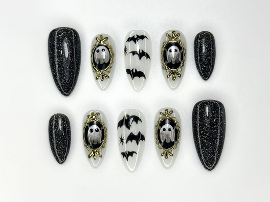 Haunted Mirror Ghost Nails | Gothic Halloween Press Ons | Black Glitter & Bat Nail Art | Handmade Spooky Black Set | JC1143BK