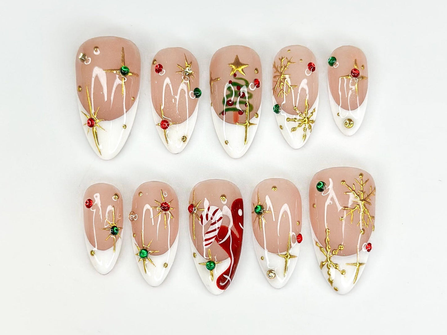White French Christmas Press On Nails | Red Green Gold Holiday Press Ons | Christmas Tree & Candy Cane Nails | Elegant Winter Nail | JB223HC
