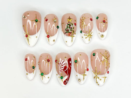 White French Christmas Press On Nails | Red Green Gold Holiday Press Ons | Christmas Tree & Candy Cane Nails | Elegant Winter Nail | JB223HC