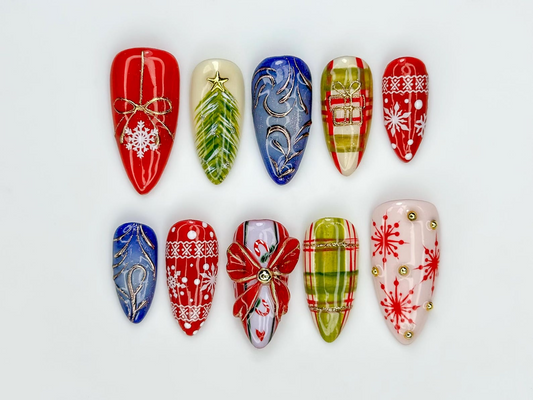 Red & Green Christmas Gift Press On Nails | Christmas Gift Box Nail Art | 3D Ribbon Bow Accent | Snowflake and Festive Pattern Nails|JB241EC