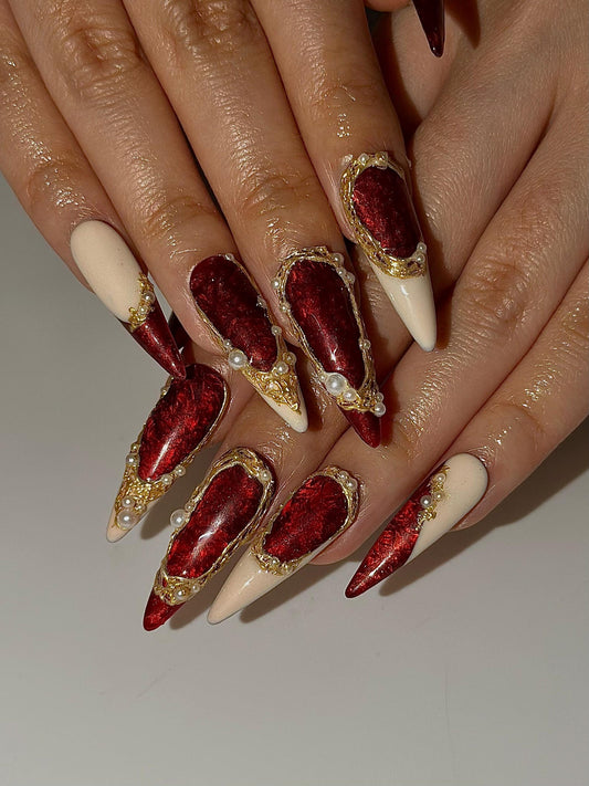 Red Chrome Luxury Press On Nails | Gold Frame Pearl Nail Art | Elegant Burgundy Stiletto Nails | Baroque Glam Nail Design | HC1305HC