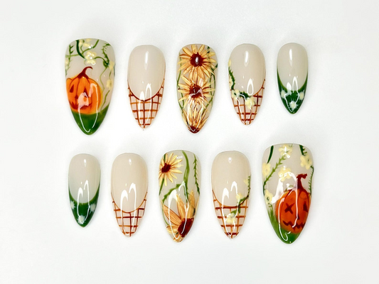 Autumn Pumkin Press On Nails | Pumpkin Sunflower Nail Art | Fall Rustic Farm Nails | Handmade Long Stiletto Nails | HC1087HC
