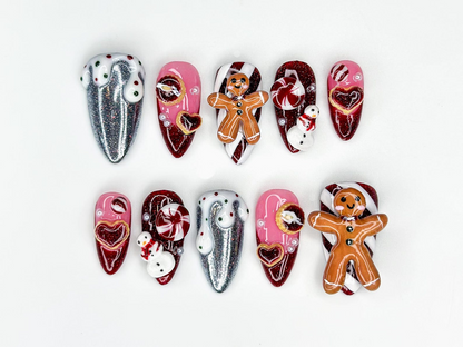 Gingerbread Red Christmas Press On Nails | 3D Christmas Cookie Nail | Peppermint & Snowman Holiday Nails| Red Glitter Festive Nails |JB216HC