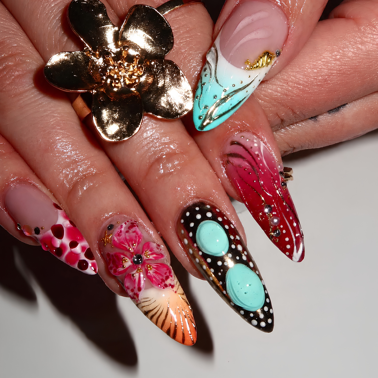 Gyaru Tropical Press On Nails | Luxury 3D Hibiscus Stiletto Fake Finger | Mint Shell Polka Dot Maximalist Summer Gel Manicure | OB2KL2