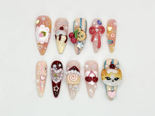 Kawaii Dessert Cat Press-On Nails | Handmade Cute Cat Nail Art | Cute 3D Kawaii Dessert Nail | 3D Handmade Nail | Elegant Nail Art | JB593HC