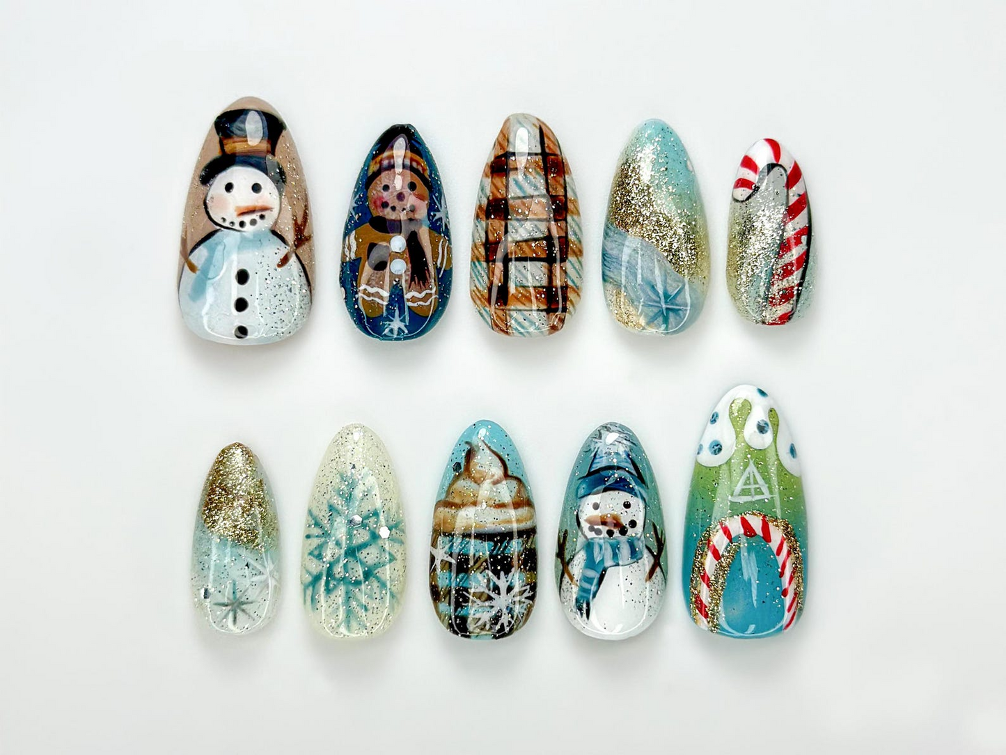 Blue Cottagecore Christmas Press On Nails | Holiday Gingerbread Winter Nail Art | Snowman & Candy Cane Art | JB240EG