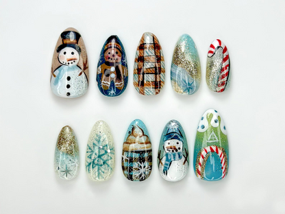 Blue Cottagecore Christmas Press On Nails | Holiday Gingerbread Winter Nail Art | Snowman & Candy Cane Art | JB240EG