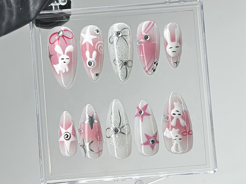 Adorable Bunny Press On Nails | Custom Press Ons | 3D Handpainted Gel Nail Art Design | Playful Pink Press Ons | Gift for her | HC458TL