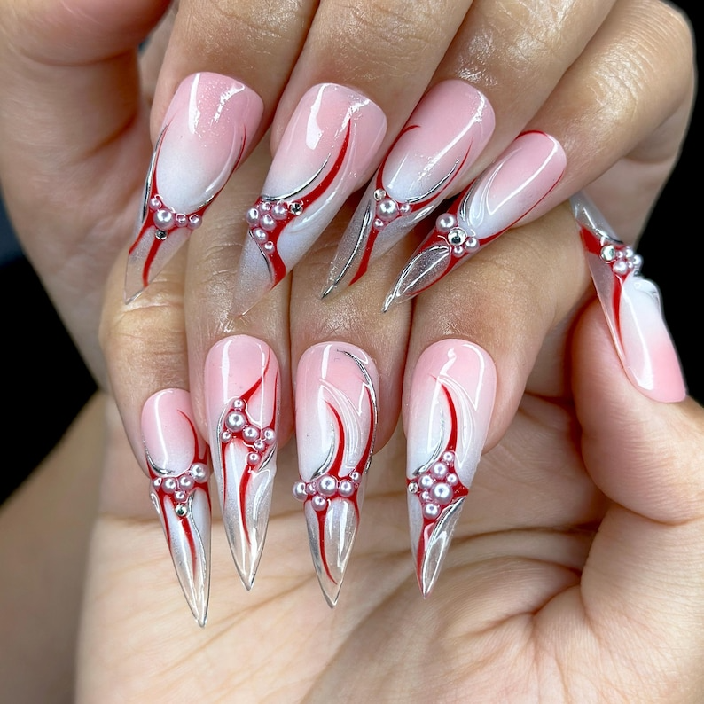Red Silver Flame Press On Nails | Elegant Long Nail Art | Luxury Red Silver Fake Nails | Silver Flame Press Ons | Long Nails | HC148YK