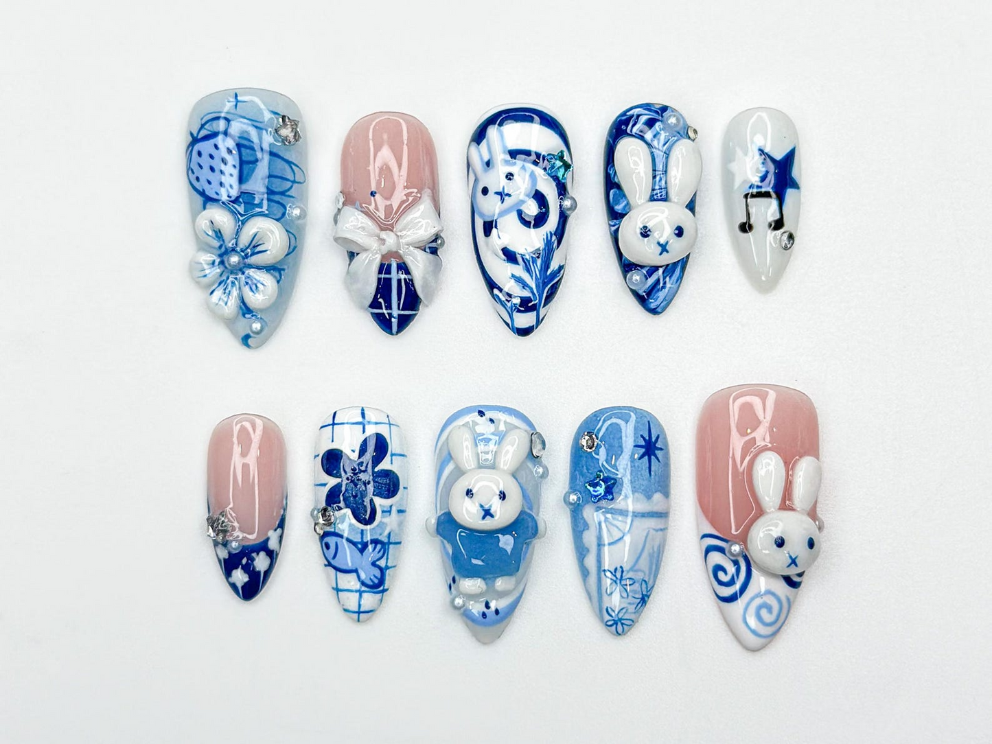 Blue Bunny Kawaii Press On Nails | 3D Rabbit Nails | Cute Cartoon Bunny Nails| Hand Painted Blue Aesthetic Nails | Easter Press Ons| JB321HC