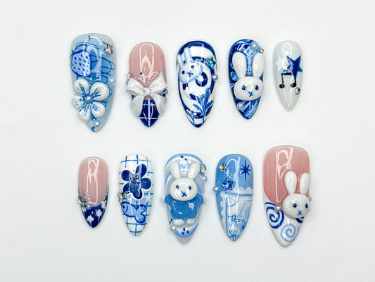 Blue Bunny Kawaii Press On Nails | 3D Rabbit Nails | Cute Cartoon Bunny Nails| Hand Painted Blue Aesthetic Nails | Easter Press Ons| JB321HC