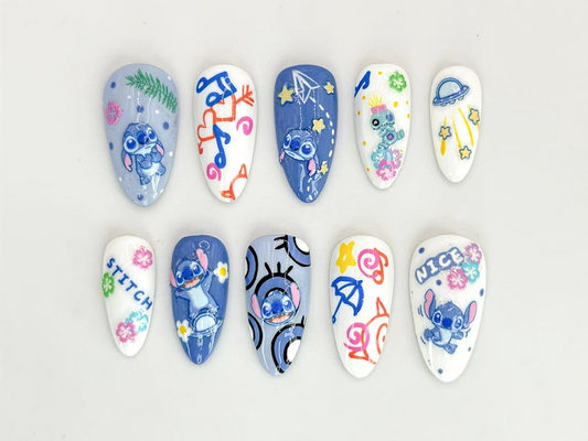 Cute Stitch Cartoon Press-On Nails | Fun Space and Floral Details | Fun and Colorful Stitch Nail Art | For Cartoon Lovers | JC610HC