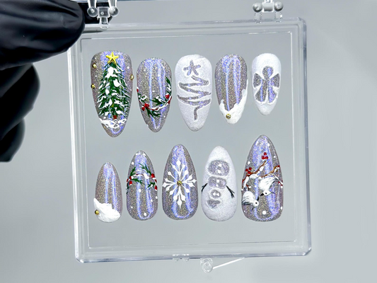 Silver Frost Christmas Press On Nails | 3D Snowman & Christmas Tree Nail Art | Frosted Birds and Winter Scene | HB1209EC