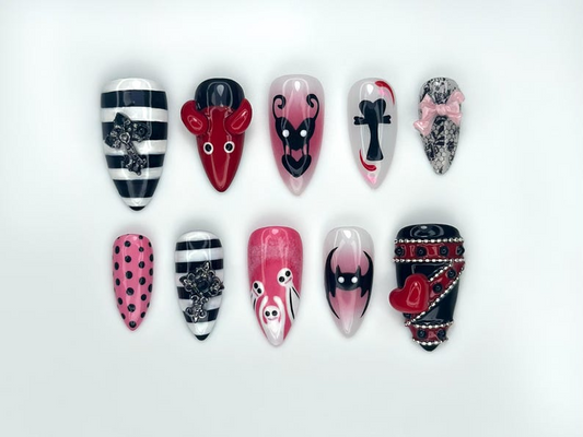 Sinister Love Gothic Press On Nails | Black and Red Devil Nail Art | Striped And Polka Dot Creepy Nails | 3D Heart & Cross Accents |HB1070EC
