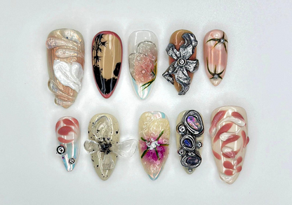 Abstract Blossom Art Press On Nails | Mixed Media 3D Nail Sculpture | Handmade Artistic Nail Tips | Metallic Floral Fantasy Set | JB956EC