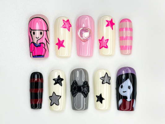 Adventure Time Press On Nails | Princess Bubblegum And Marceline Nails | Cute & Edgy Handmade Nails | Cartoon Inspired Press Ons | JB872HC
