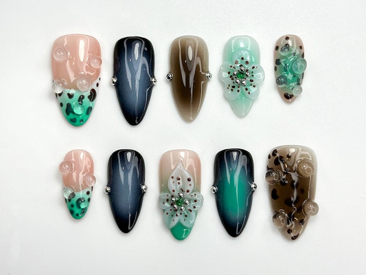 Mystic Leopard Bloom Press On Nails | Green Smoke & Gradient Nail Art | 3D Floral Nails | Handmade Moody Nail | Edgy Leopard Sesign | JC783H