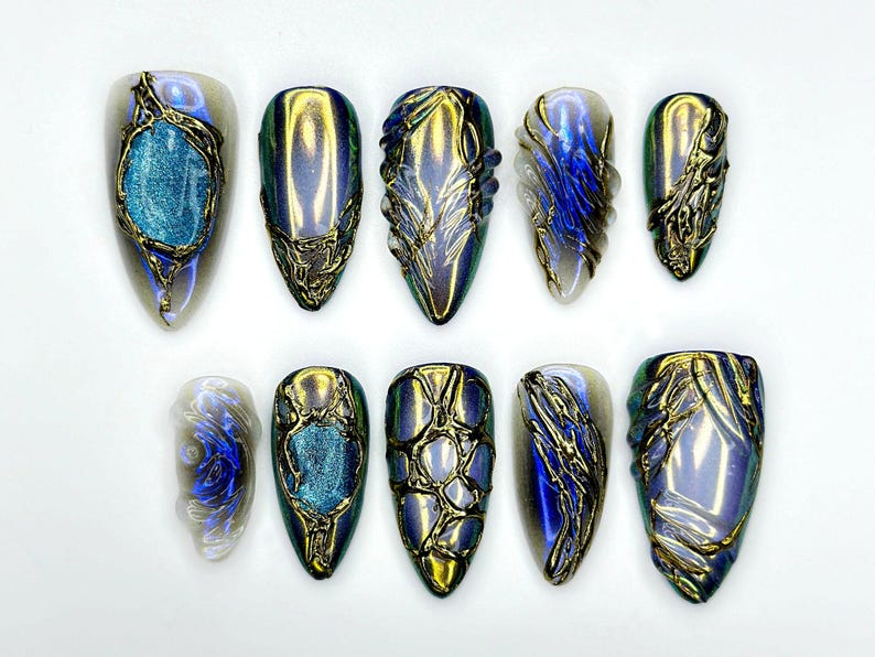 Midnight Armor Press On Nails | Metallic Dragon Scale Nail Art | 3D Fantasy Sculpture Nails | Gothic Iridescent Tips | JC939EK