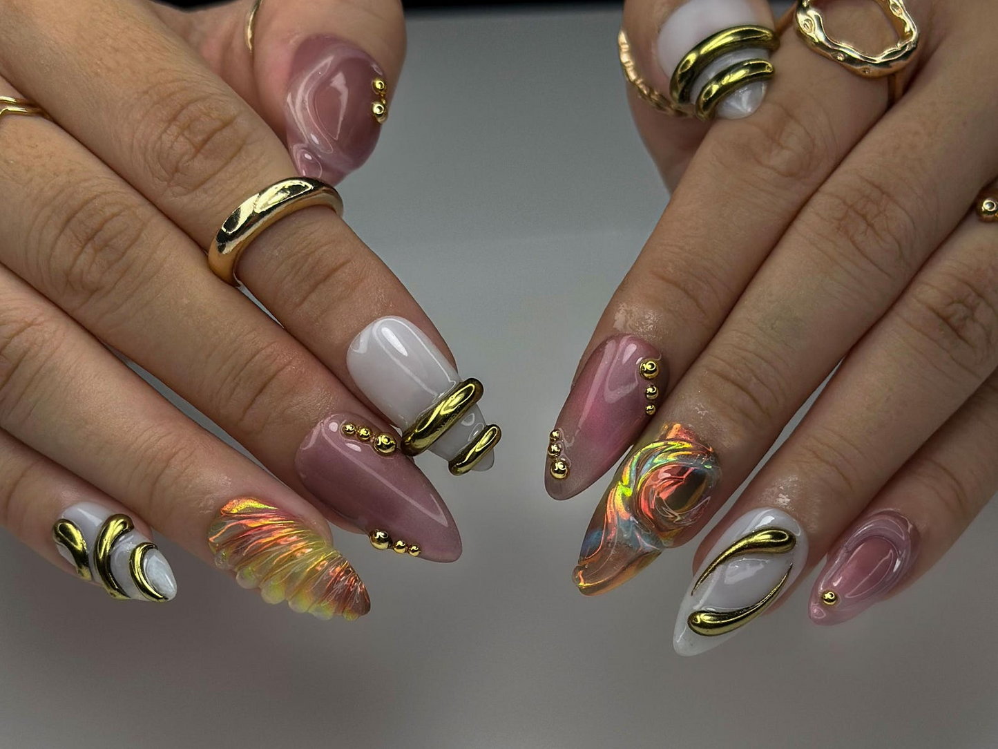 Aurora Gold Swirl Press On Nails | Holographic Iridescent Shell Nails | 3D Gold Chrome Accent Tips | Almond Shape Artistic Nails | HC1007EC