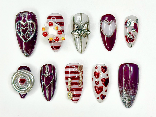 Valentine Heart Press On Nails | Roxy Nails Press On | Romantic Burgundy Red and Silver 3D Nail Art  | Handmade Love Themed Fake Nails for Women & Gift HB996GK