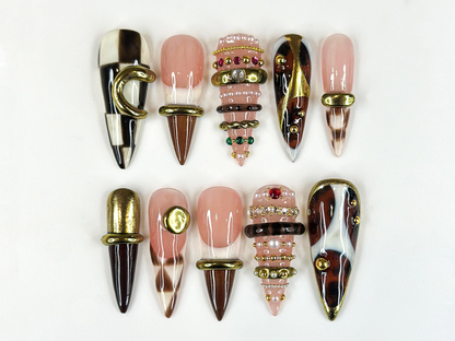 Brown Gold Luxe Press On Nails | Sculptural Ring Nail Art | Luxury Jewelry Inspired Nails | High Fashion Press Ons | Luxury Nail | JB262HK
