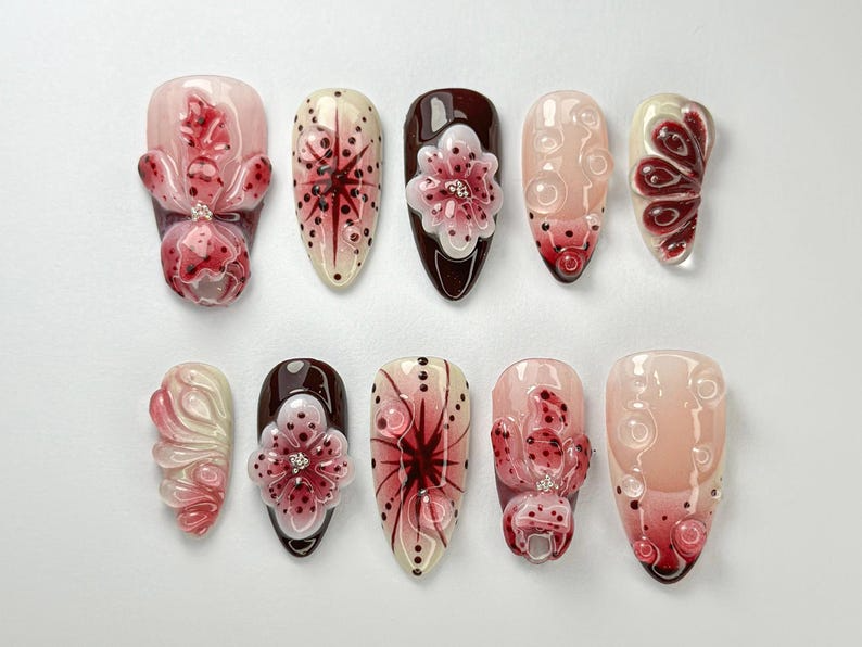 Floral Reverie Press On Nail Bundle | 3 Handmade Floral Nail Sets | Pink Blossom Nails | Reusable Nail Kit| DB104L
