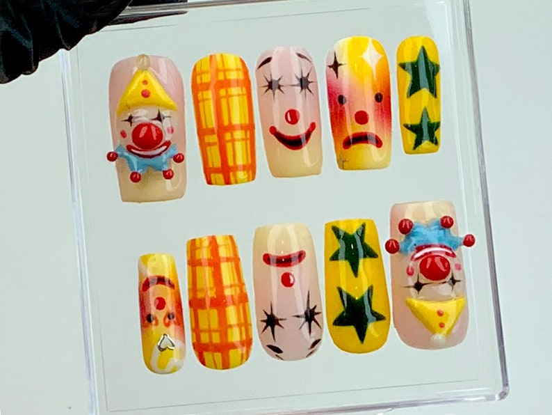 Quirky Clown Faces Press-On Nails | Hand-Painted Circus Nail Art | Fun and Colorful Press Ons | Unique Clown Fake Nails | Halloween |HB585YG