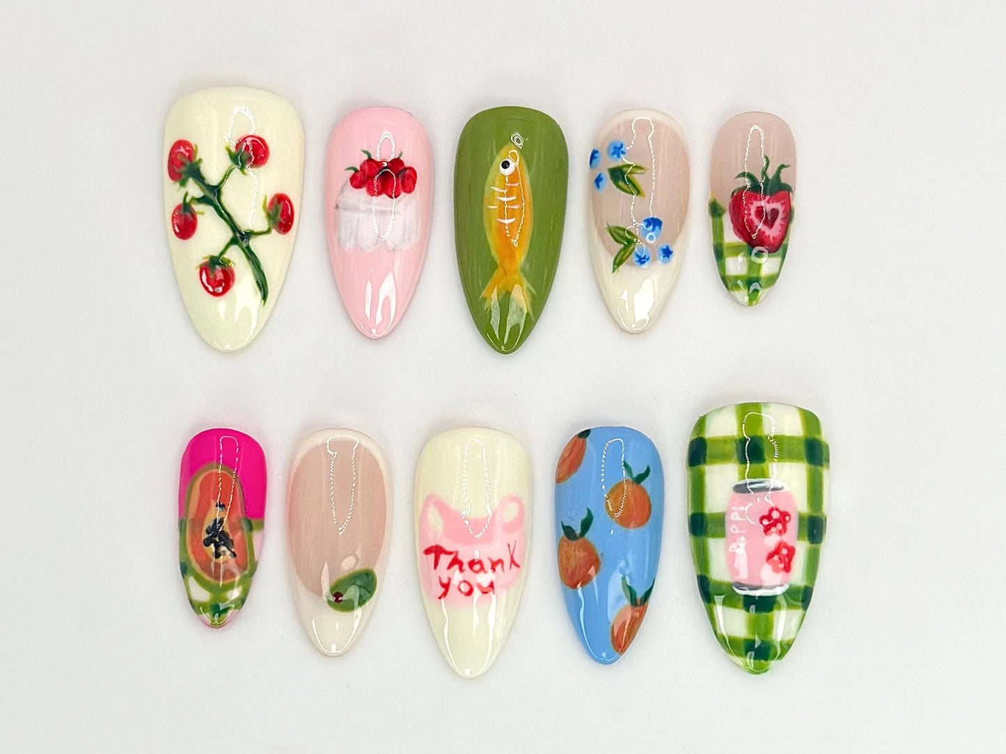 Fruit Garden Custom Press On Nails | Hand-Painted Watermelon, Strawberry & Citrus Nail Art | Vegan-Friendly Nail Designs | JB525HC