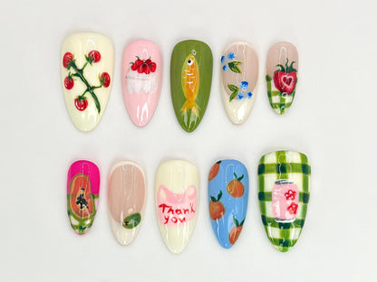 Fruit Garden Custom Press On Nails | Hand-Painted Watermelon, Strawberry & Citrus Nail Art | Vegan-Friendly Nail Designs | JB525HC