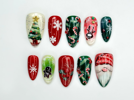 Press On Nails For Christmas| Red Green Christmas Nail Art | Candy Cane & Tree Nails | Festive Holiday Press Ons |JB217ET