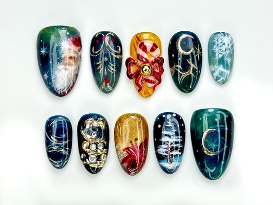 Midnight Santa Press On Nails For Christmas |Celestial Holiday Nail Art | Gold Moon & Constellation Nails |JB226EG