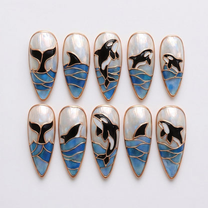 Ocean Press On Nails Summer, Shark and Orca Nail Art Handmade Marine Life Nails Coastal Stiletto Nail Set | OB419L