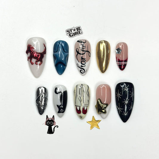 Star Girl Gothic Press On Nails | Cyber Y2K Chrome Nails | Black & Gold Star Nails | Gothic Cat Press Ons | Edgy Rockstar Nail Art | JC341IC