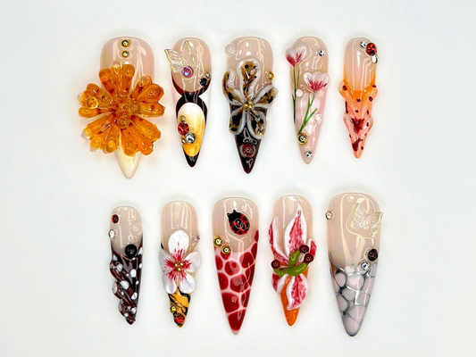 Colorful Summer Press-On Nails | Bold Wildflower Nail Art | 3D Butterfly & Flowers Nails | 3D Botanical Press Ons | Nature Nails | JB836YC