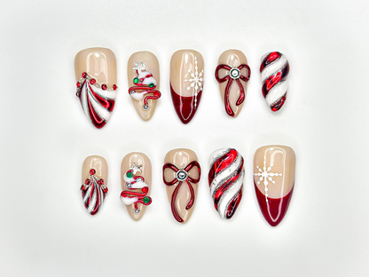 Christmas Candy Cane Press On Nails by DoryNails | Red Chrome Bow & Snowflake Nail Art | Holiday Party Nails | Gift for Her | HB1188BC
