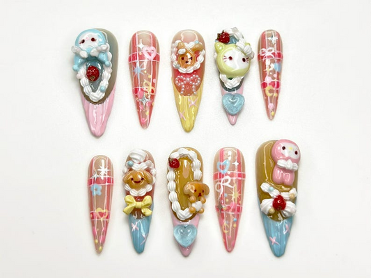 Pastel Fairy Kei Press On Nails | 3D Cartoon Bear Bunny Nail Art | Harajuku Kawaii Fake Nails | Cute 3D Kawaii Nails | cute cute nails |HB580YP