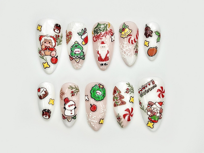 Merry Cartoon Christmas Press On Nails | Kawaii Christmas Nail Art | Festive Holiday Character Nails | White Winter Press Ons | JB222EC