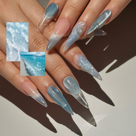 Icy Blue Ocean Press On Nails | Blue Stiletto Nails for Women | Clear French Tip Crystal Nails | Bridal Luxury Nails| Elegant Nails|HC1277HC