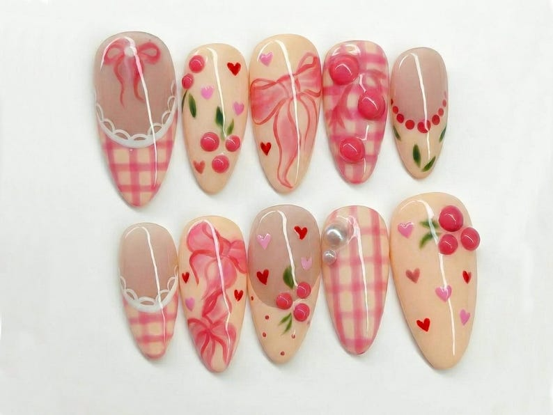 Press On Nails Adhesive Tabs – Cherry Heart & Pink Ribbon Nude Press On Nails, Handmade Valentine Fake Nails Sweet Romantic Nail Art