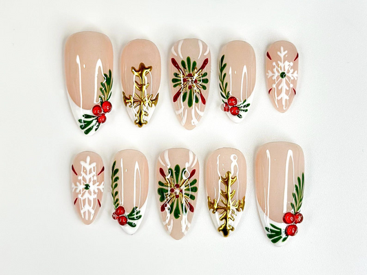 Holly Berry Christmas Press On Nails | Nude Winter Holiday Nails | Elegant Green & Red Press Ons | Festive Minimalist Nail Art | JC243HC